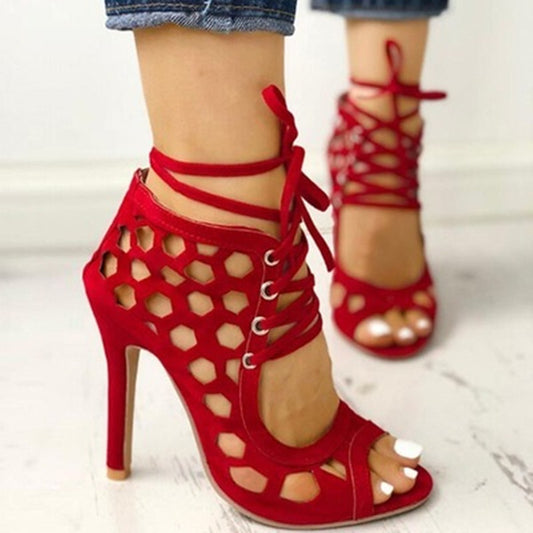 Color: Red, Size: 42 - Cross Strap Hollow  Toe Sandals
