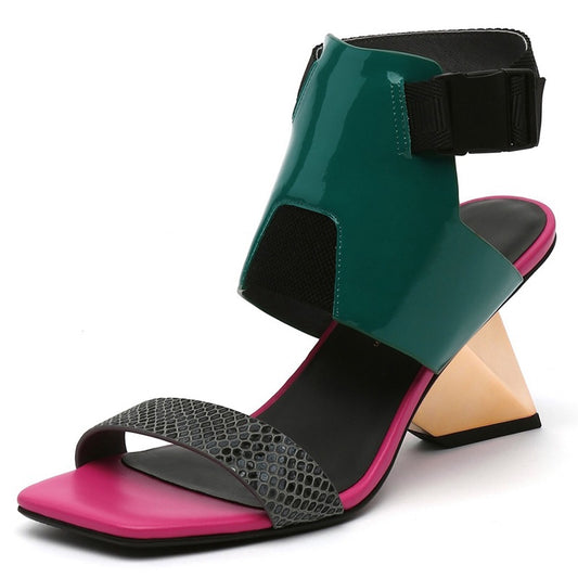 Color: Green, Size: 37 - Fashionable Lizard Skin Profiled High-heeled Flip-flop Color Matching Roman Sandals Women Slippers