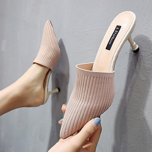 Color: Nude, Size: 34 - Summer New Woolen Women's Shoes Baotou Half-drag Women's Mid-heel Stiletto