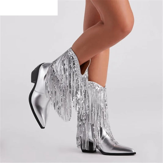 Cross-border Independent Station Fashion Runway Chunky Heel Tassel Boots Women's Shoes