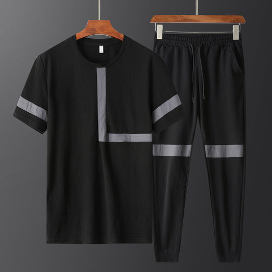 Color: Black, Size: 7XL - Short-sleeved Trousers Casual Suit Men's 2021 New Large Size Plus Fat To Increase Fat Ice Silk Cotton Suit