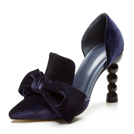 Color: Blue, size: 39 - Women's Fashionable Simple Temperament Pointed-toe Bowknot Shaped High Heels