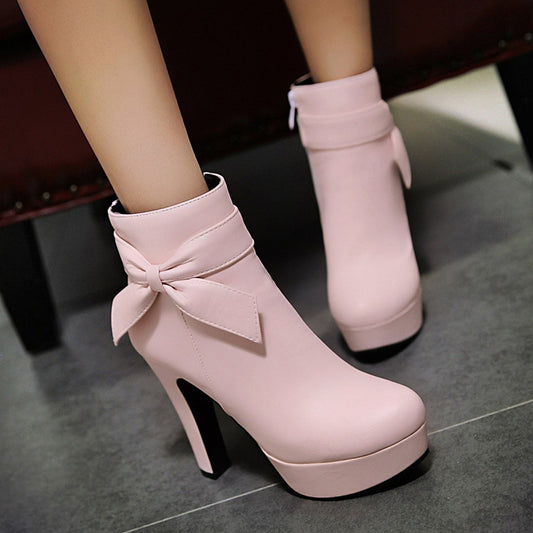 Color: black, Size: 39 - Bow thick and high waterproof platform women's ankle boots