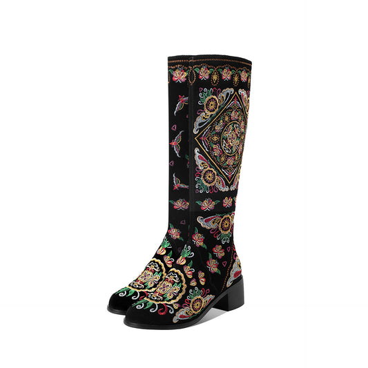 Color: Black, Size: 37 - Frosted Embroidery Flower High Boots Female