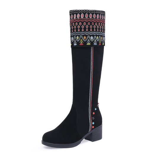 Color: Black B, Size: 34 - Frosted Embroidery Flower High Boots Female