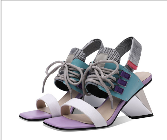Color: Purple, Size: 36 - Women Shoes Special-shaped Heel High-heeled Leather Color Matching Strap Summer New Foreign Trade Sandals