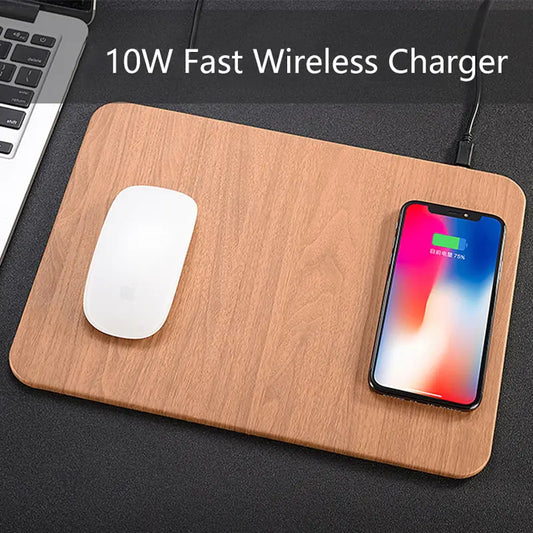 WIRELESS CHARGING MOUSE PAD - Fast And Efficient, For iPhone, Samsung Note10, Note 20, S10, S20, and other compatible devices, luxurious leather and wood design
