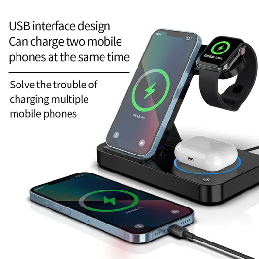 WIRELESS CHARGING STATION - 100W 4 in 1 Foldable, Simultaneously Charges iPhone 14, 13 Pro, Apple Watch 7/6, and Samsung Galaxy Watch 4/3, S22, S21