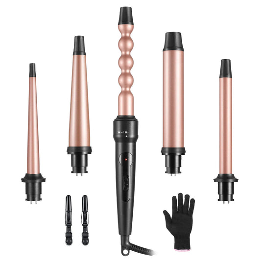 HAIR CURLER - 5-in-1 Curling Stick Set: smooth and shiny hairstyles, Ideal for volumizing, creates loose relaxed curls, and styling bangs, minimize damage, Anti-scald tip and heat-resistant glove included