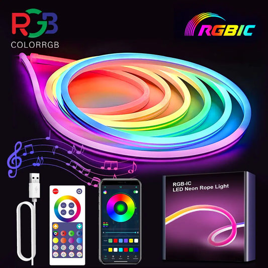 SMART LED NEON STRIP LIGHT - App And Smart Voice Control, Compatibility With Alexa And Google Assistant, 3M/5M Different Colors, RGB Symphony Music Mode, 30 Microphone Mode, 16 Scene Mode, 100 LED Beads, 60 LEDs per Meter Material, Silicone Water Proof Gr